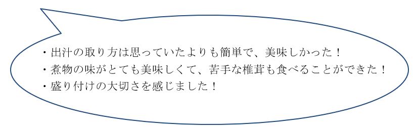 出汁の取り方は思っていたよりも簡単で美味しかった！煮物の味がとてもおいしくて苦手なシイタケも食べることができた！盛り付けの大切さを感じました！